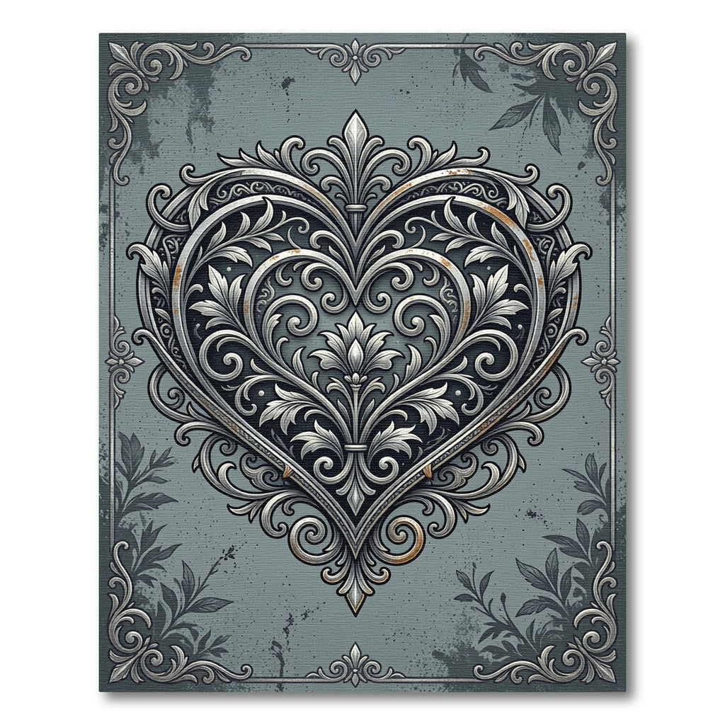 Ornate Silver Filigree Heart Damask Rug