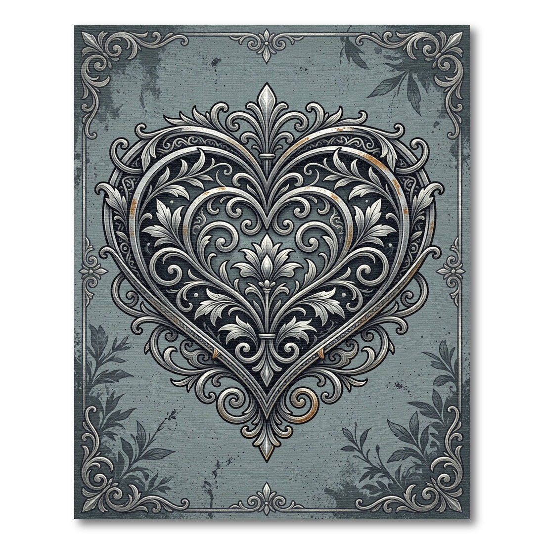 Ornate Silver Filigree Heart Damask Rug