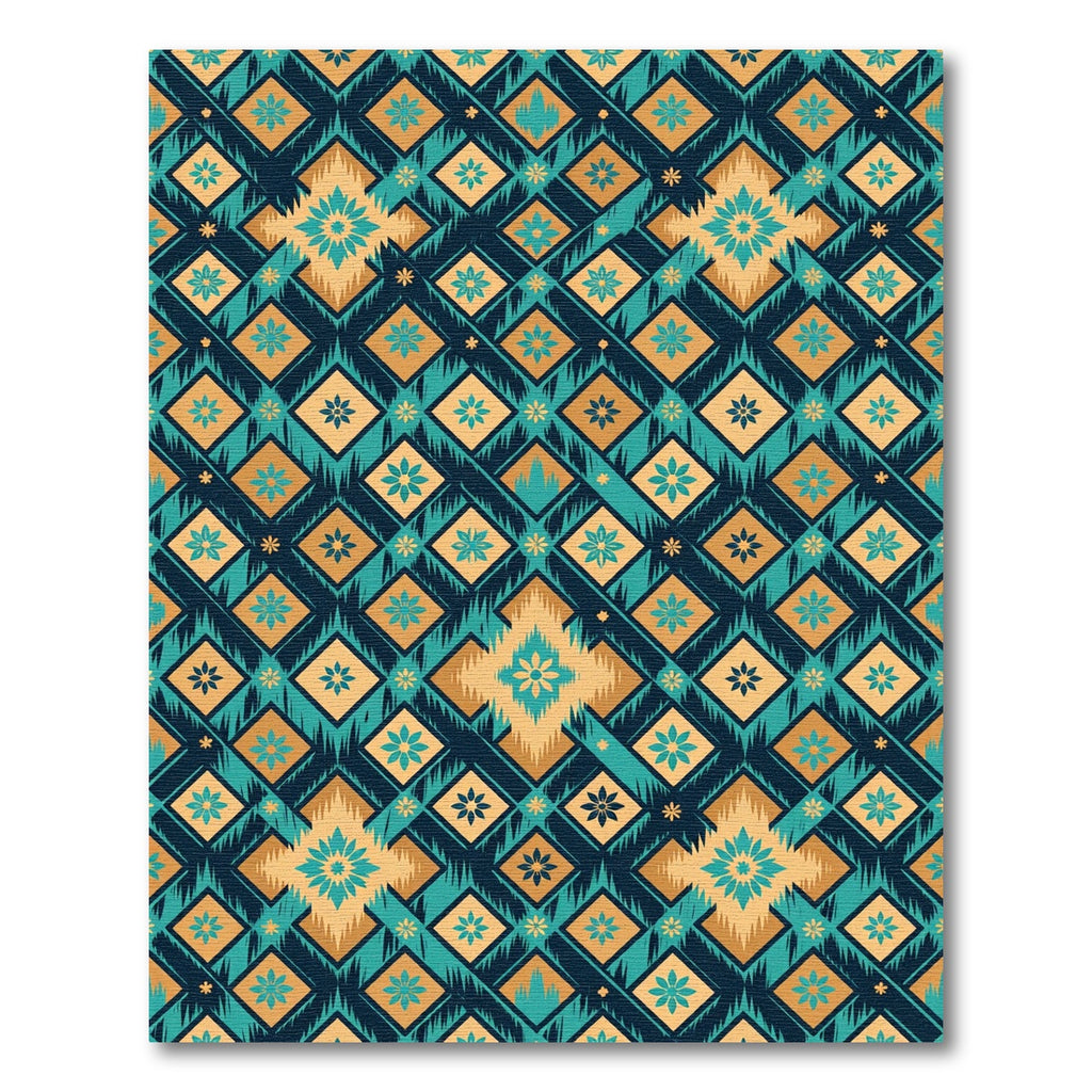 Teal Gold Geometric Diamond Floral Rug