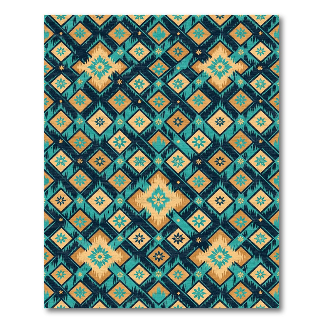 Teal Gold Geometric Diamond Floral Rug