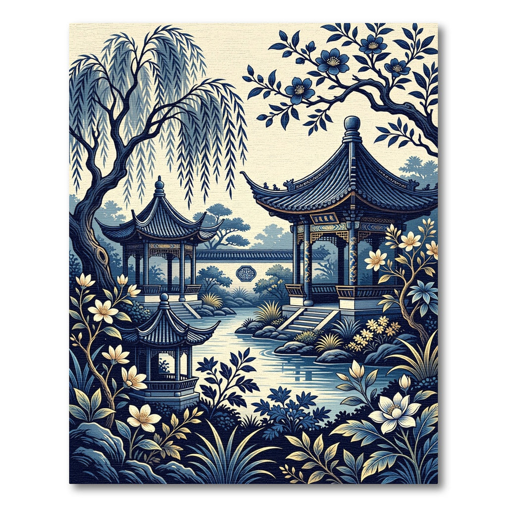 Indigo Willow Pagoda Chinoiserie Garden Rug