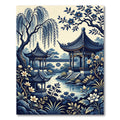 Indigo Willow Pagoda Chinoiserie Garden Rug