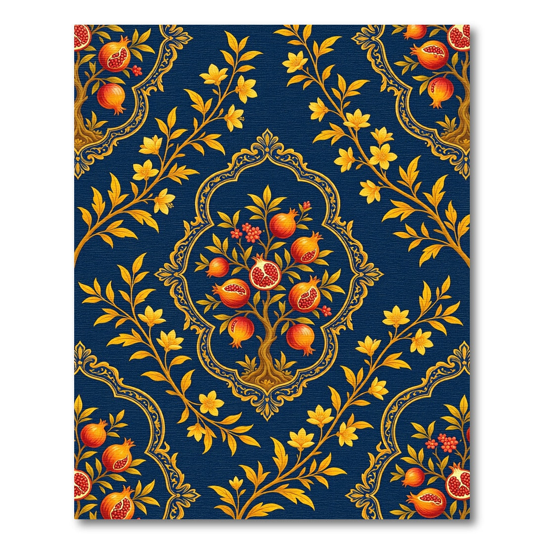 Navy Golden Pomegranate Tree Damask Rug