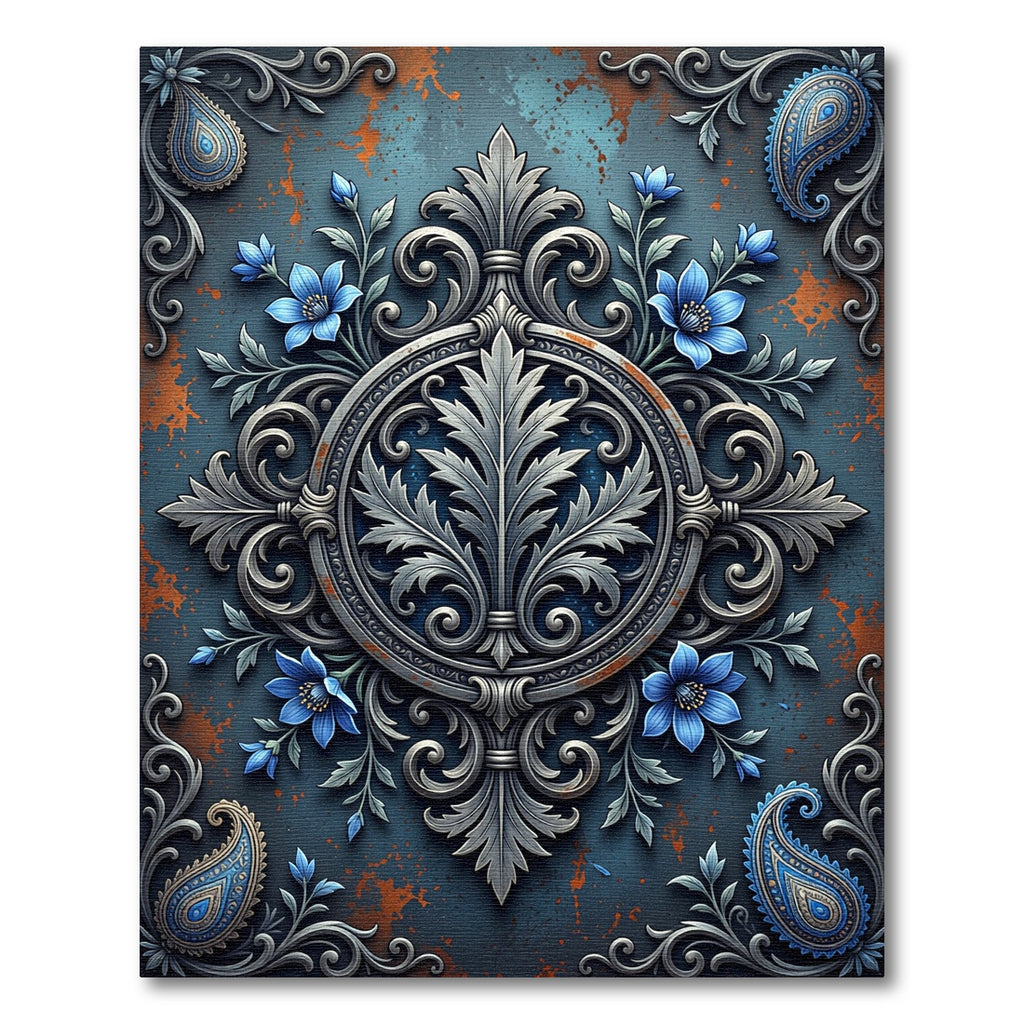 Ethereal Silver Floral Medallion Blue Rust Rug