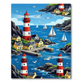 Coastal Village Red White Lighthouses Yachts Rug