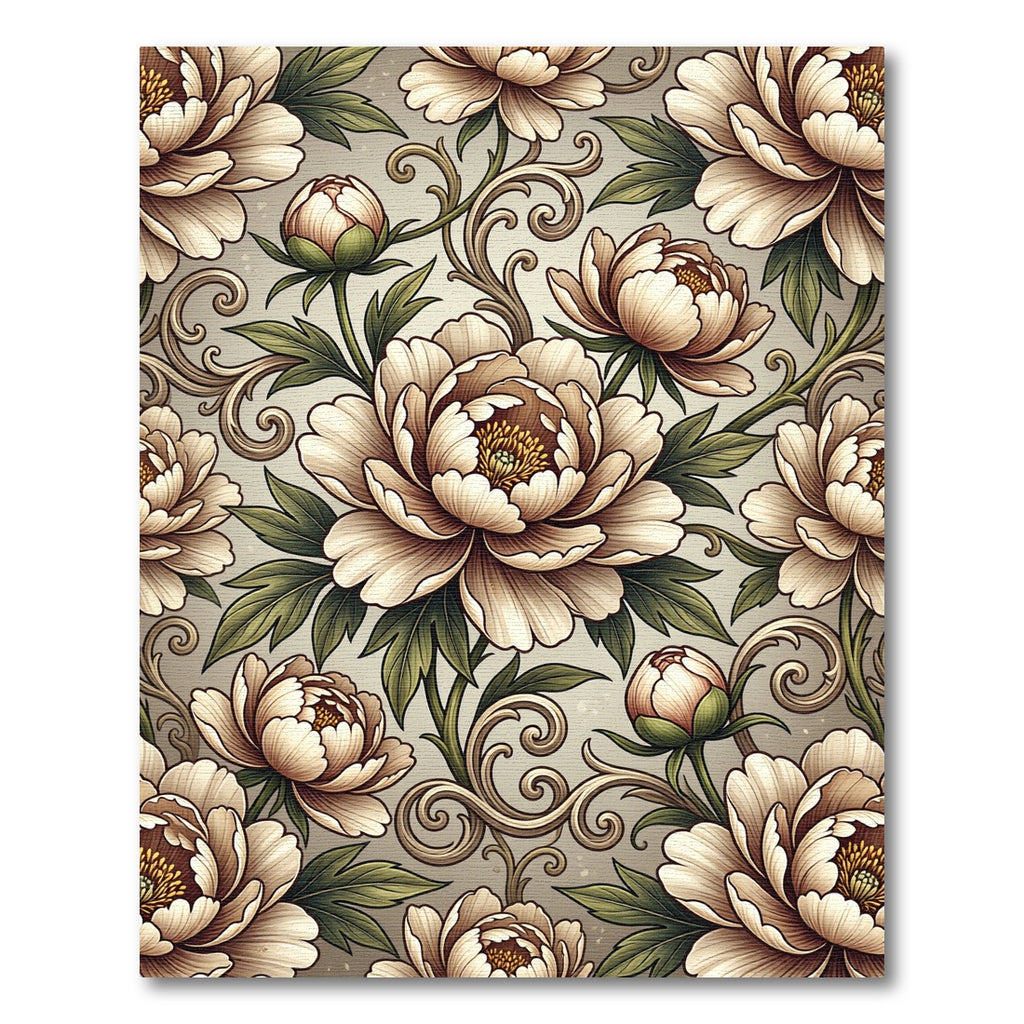 Elegant Cream Peony Floral Scrollwork Rug