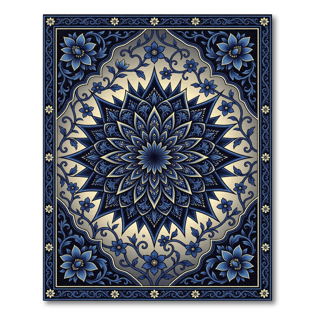 Elegant Azure Floral Medallion Border Rug