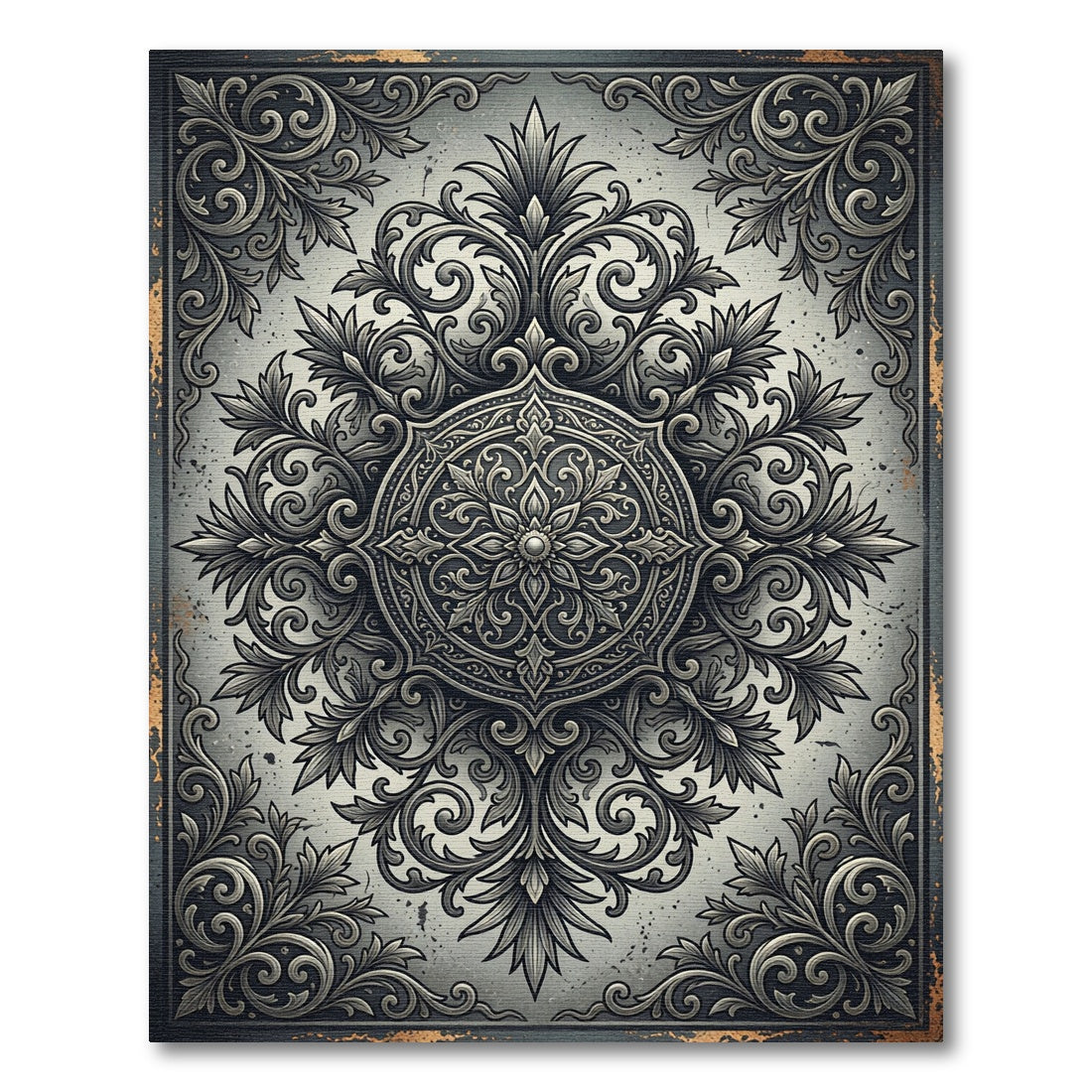 Ornate Charcoal Baroque Floral Medallion Rug