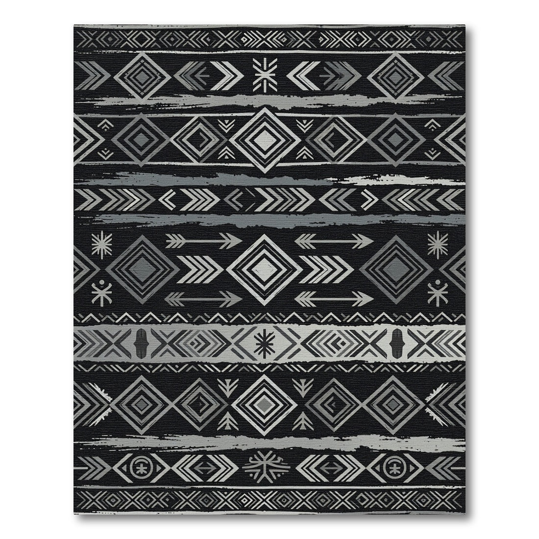 Silver Black Tribal Diamond Stripe Rug