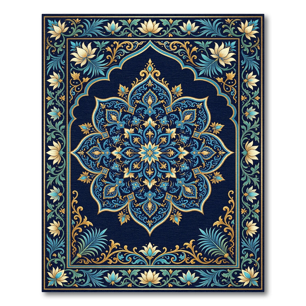Deep Blue Golden Lotus Mandala Rug