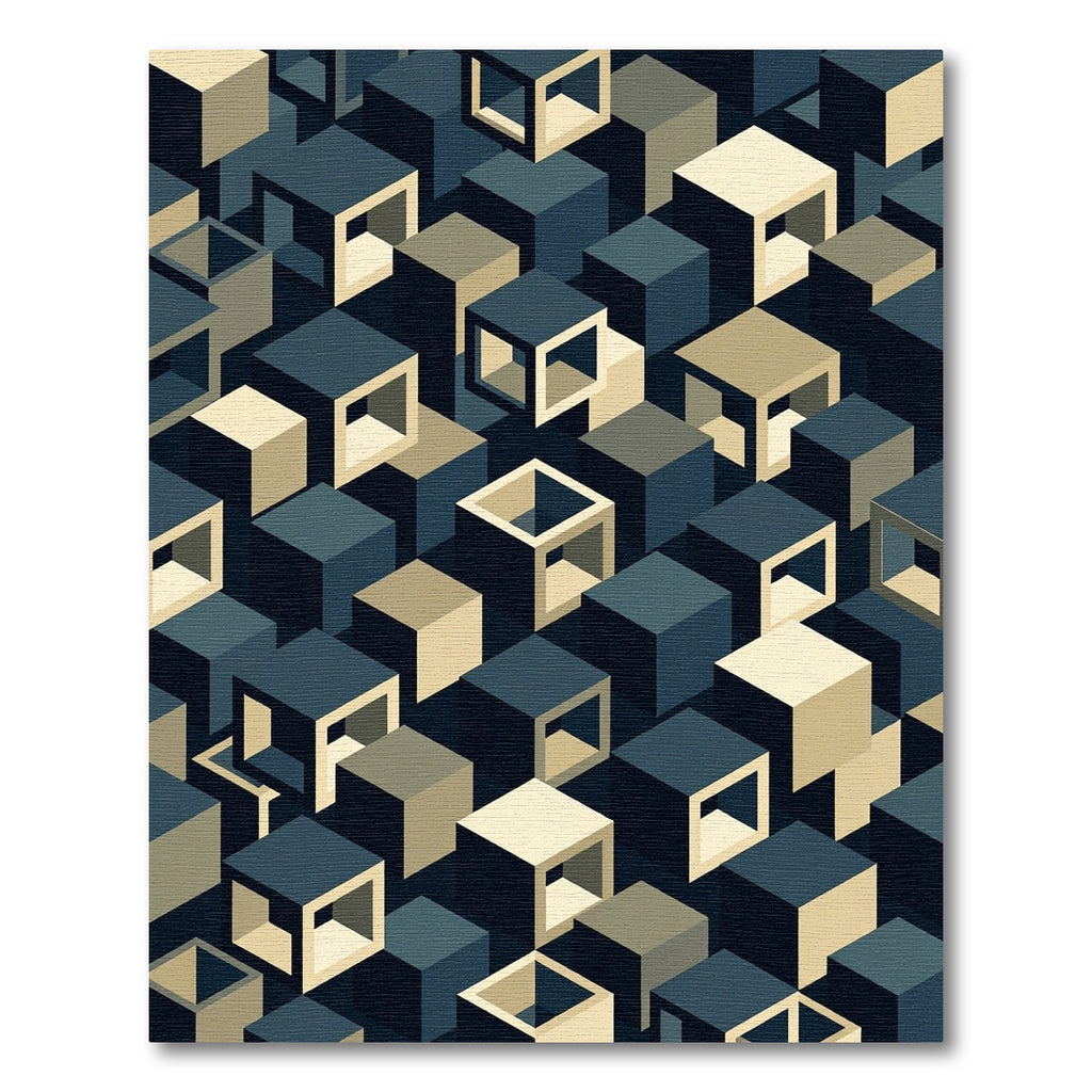 Modern Isometric Cube Geometric Navy Sage Rug