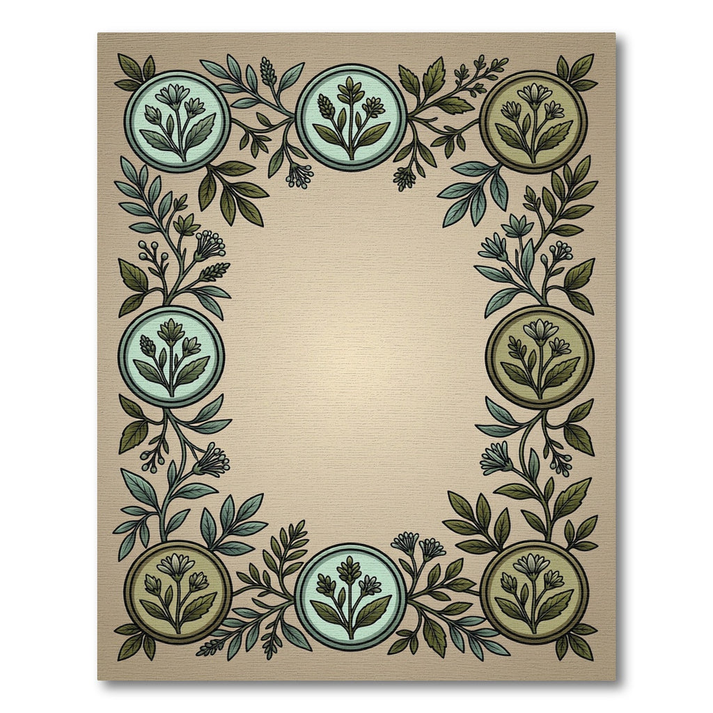 Sage Green Botanical Medallion Border Rug