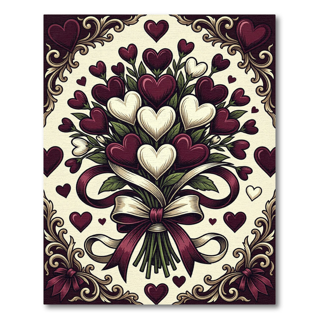 Rich Burgundy White Heart Bouquet Rug