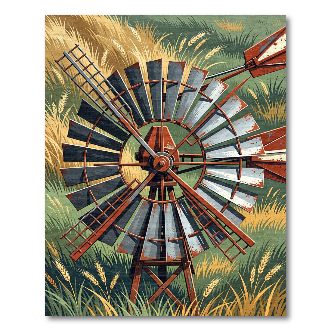 Rustic Golden Windmill Wheat Field Art Rug