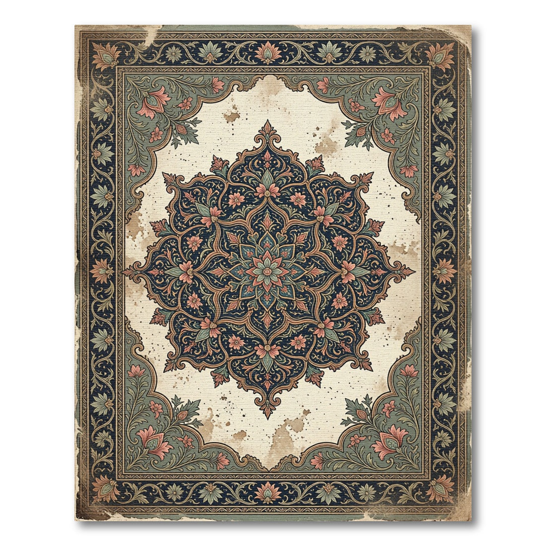Vintage Indigo Floral Medallion Frame Rug
