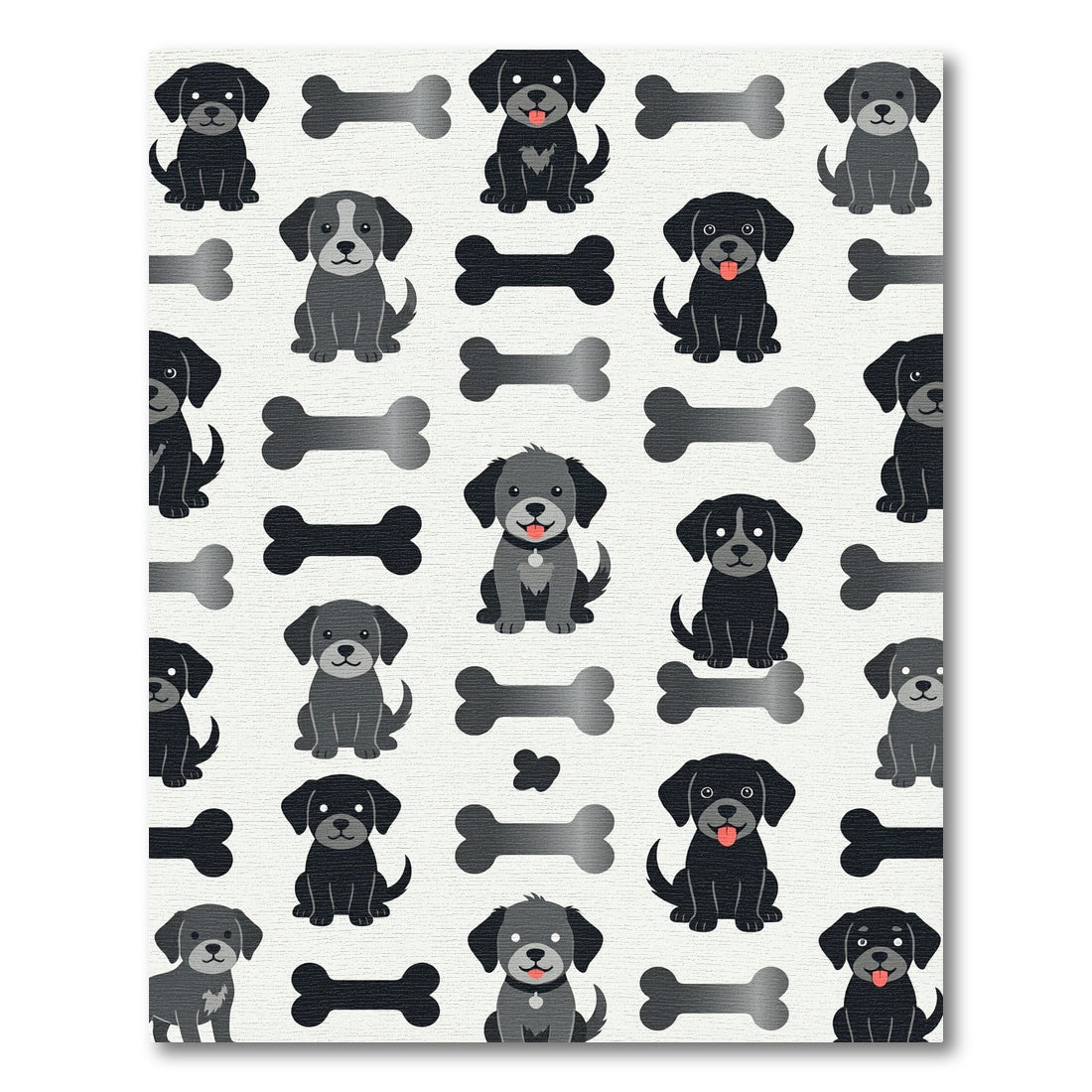 Playful Black Puppy and Bone Illustration Rug