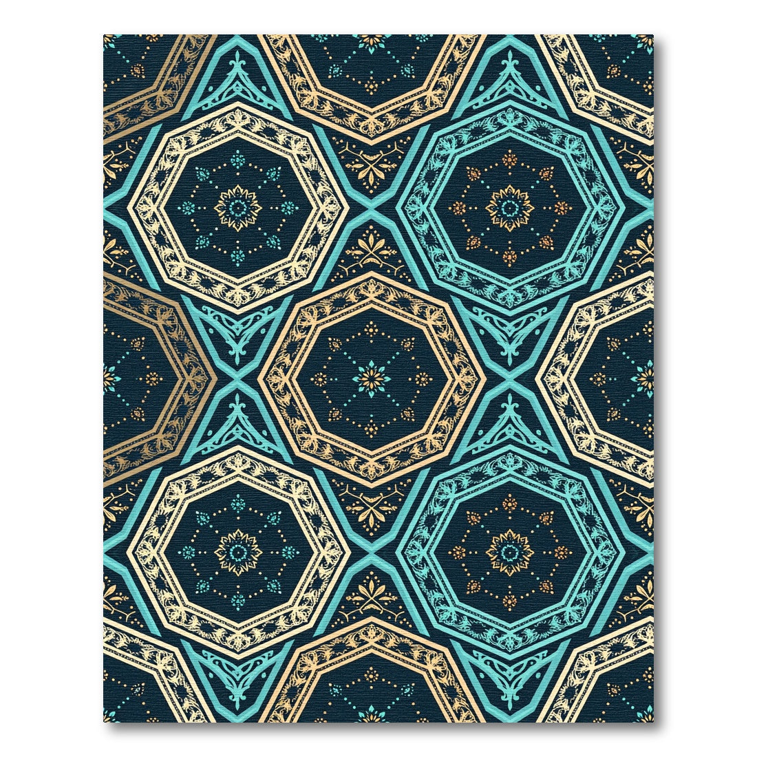 Teal and Gold Geometric Hexagon Rug