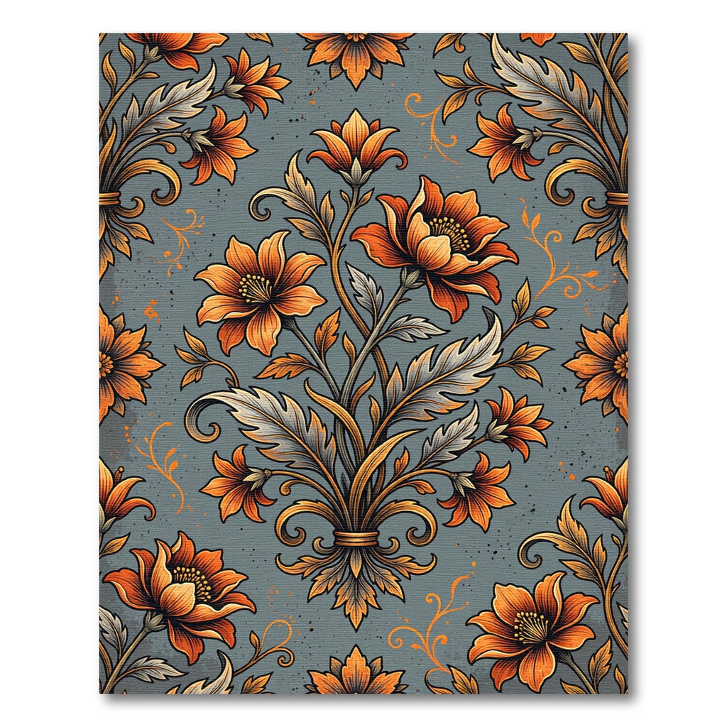 Golden Orange Floral Botanical Damask Rug