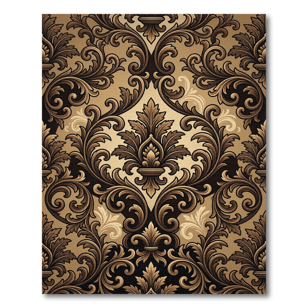 Ornate Brown Golden Damask Swirls Rug