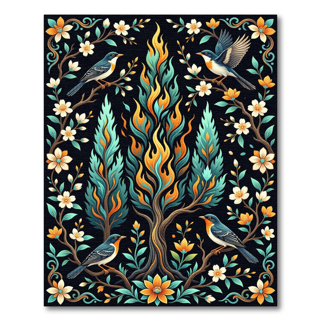 Vibrant Fire Tree Birds Floral Art Rug