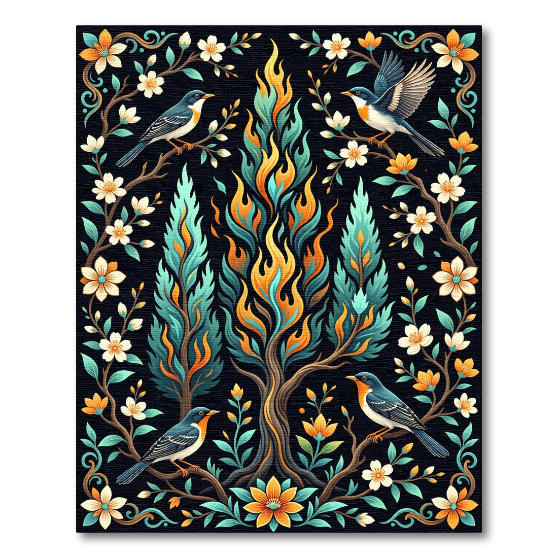 Vibrant Fire Tree Birds Floral Art Rug