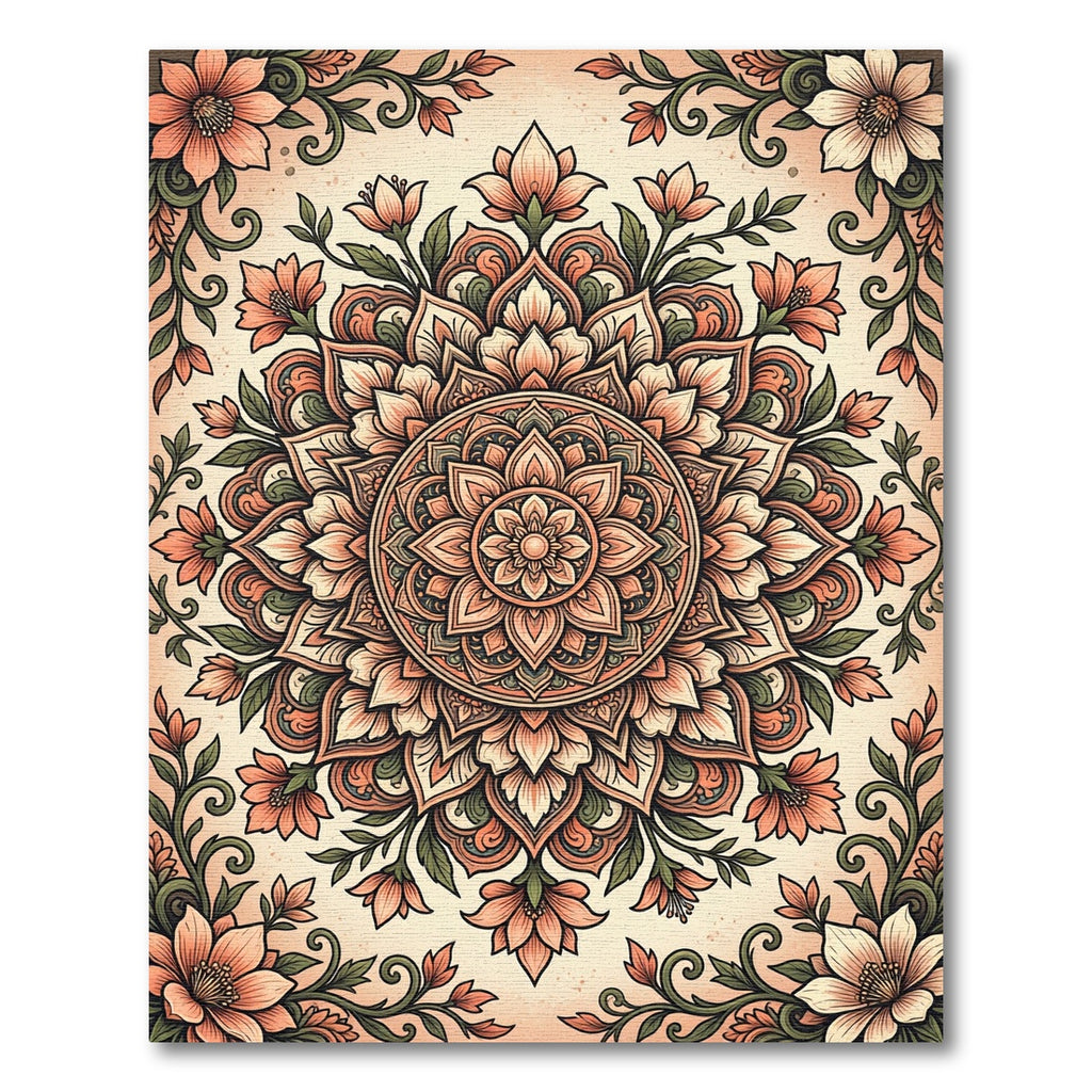 Elegant Peach Floral Medallion Illustration Rug