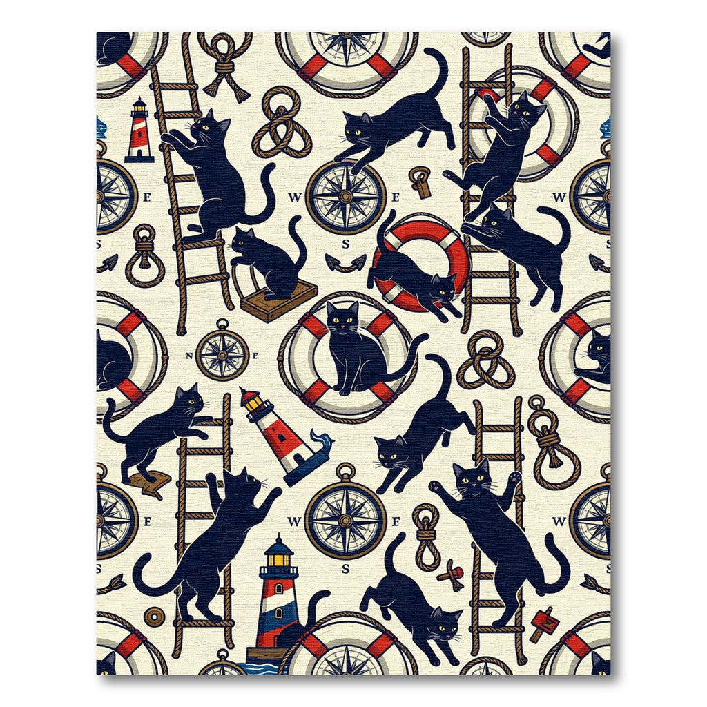 Nautical Black Cats Lighthouse Compass Rope Rug