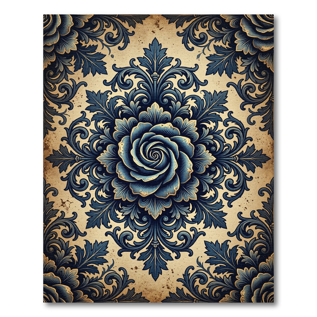 Ornate Navy Rose Damask Medallion Rug