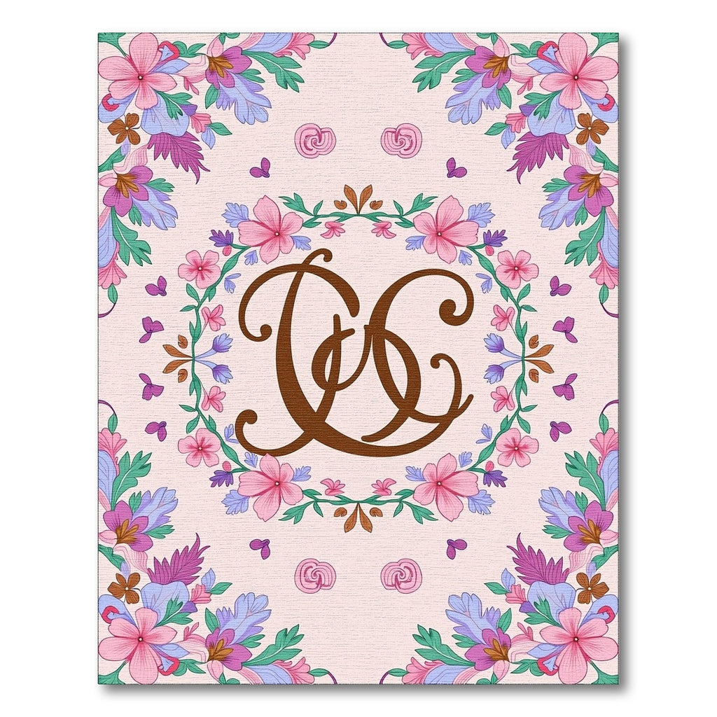 Whimsical Pink Floral Garden Monogram Rug