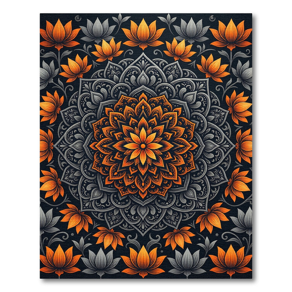 Golden Lotus Mandala and Dark Gray Flourish Rug