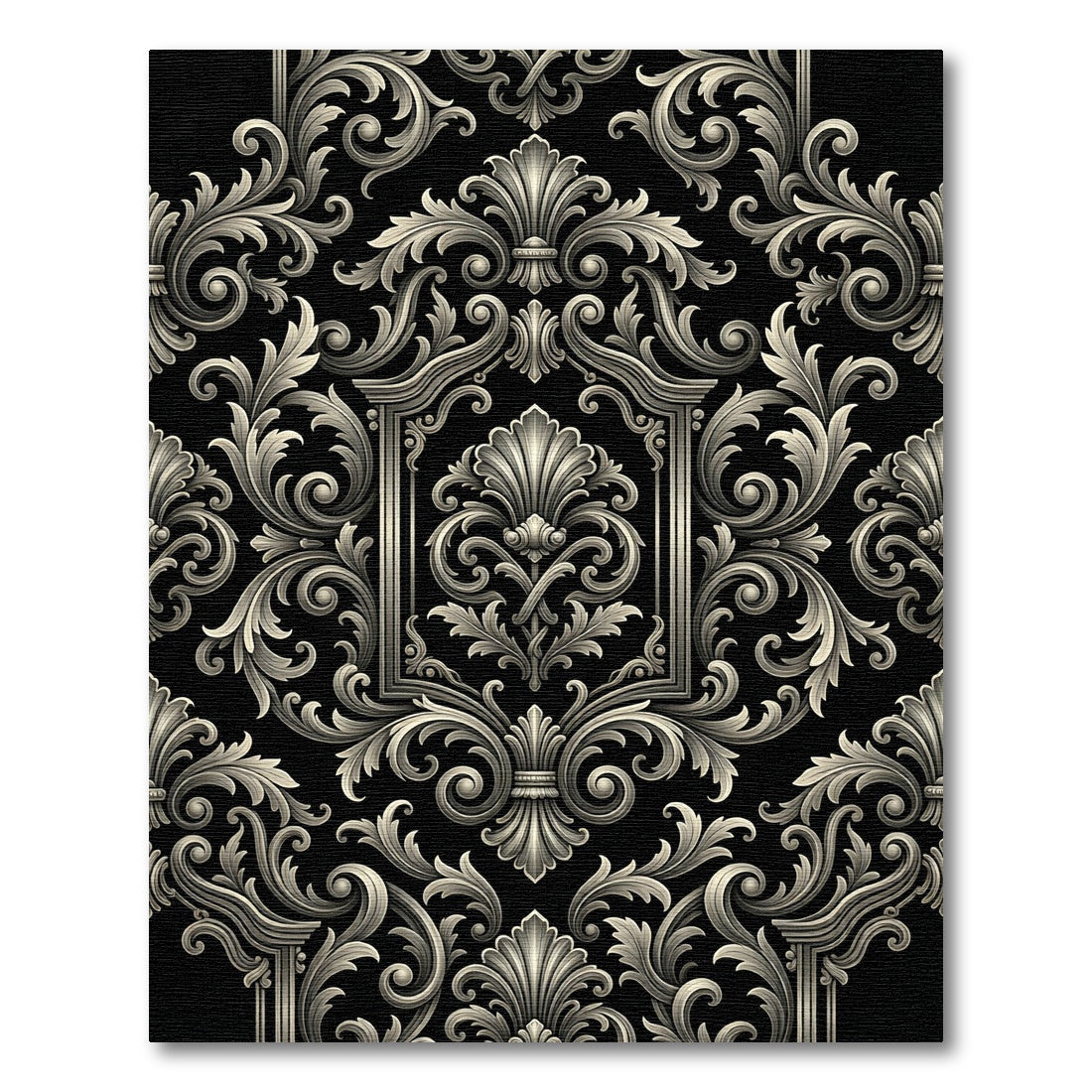 Ornate Black Silver Acanthus Scroll Rug