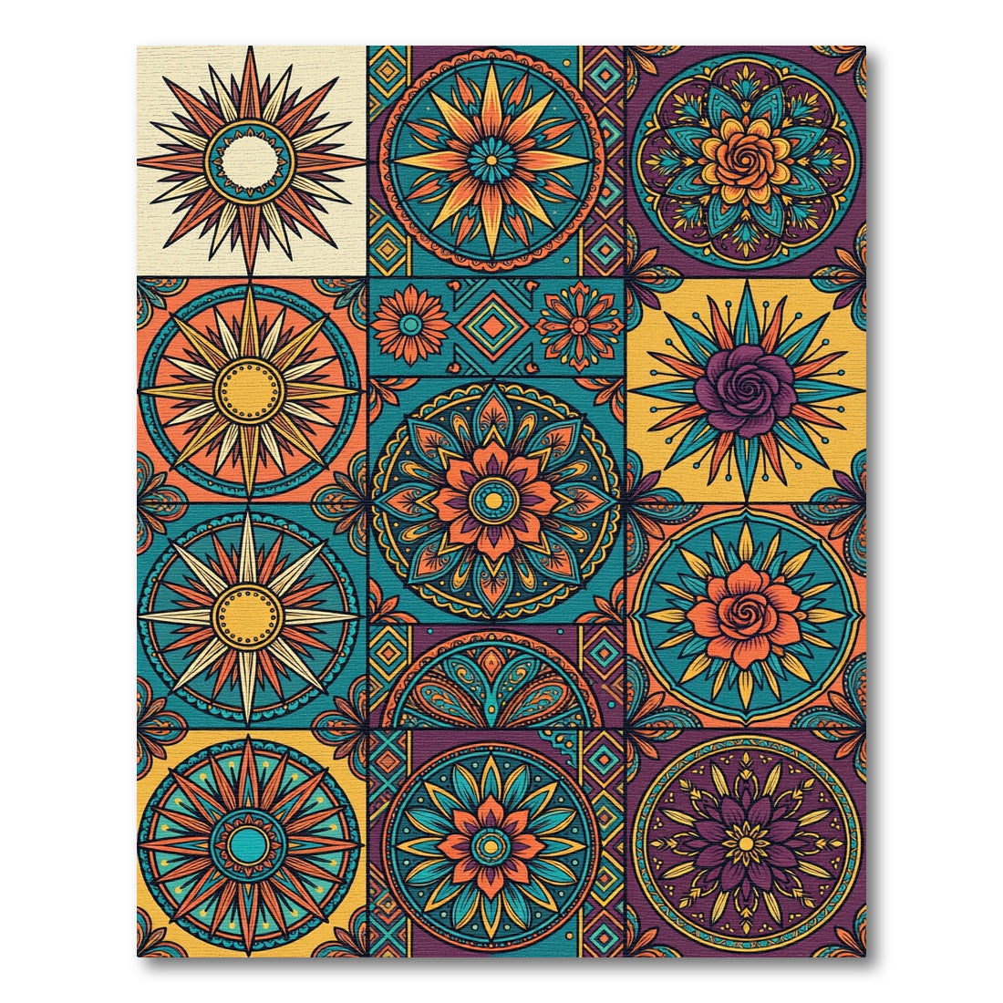 Vibrant Sunburst Mandala Tile Rug