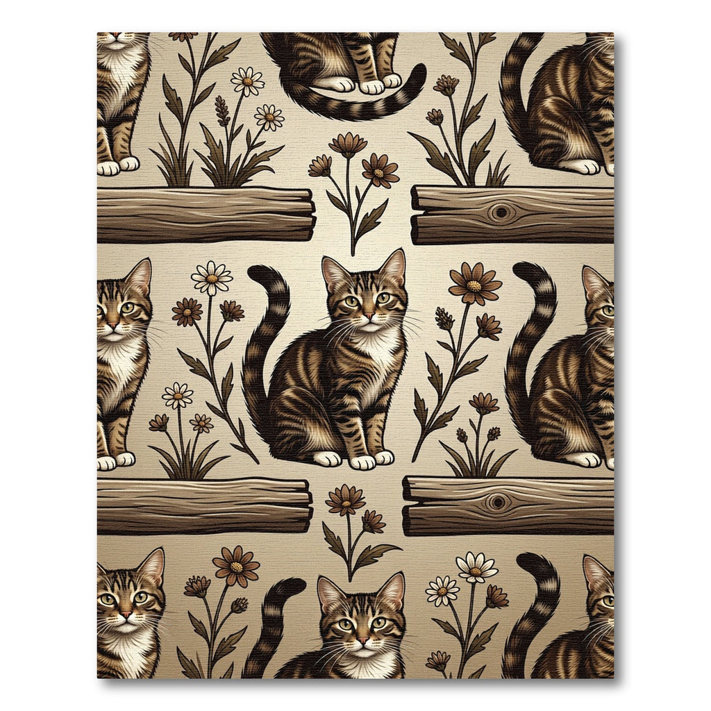 Tabby Cat Floral Brown Wood Rug