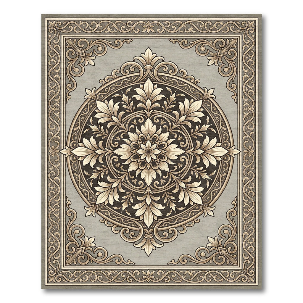 Ornate Tan Floral Medallion Border Rug