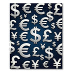 Global Metallic Currency Symbols Navy Background Rug