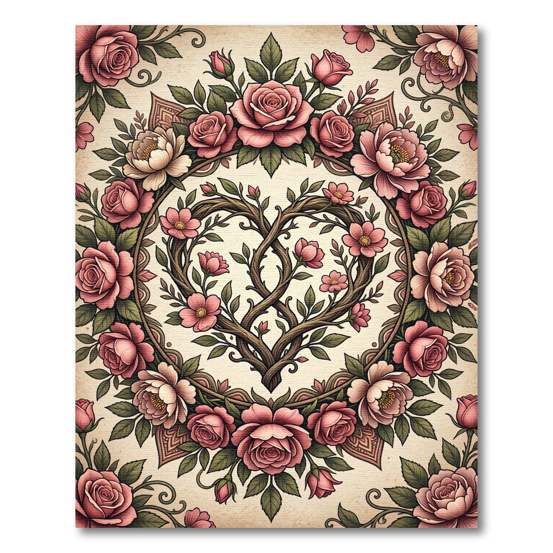 Romantic Pink Rose Heart Wreath Rug