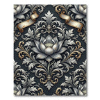 Elegant Silver Lotus Damask Scrollwork Rug