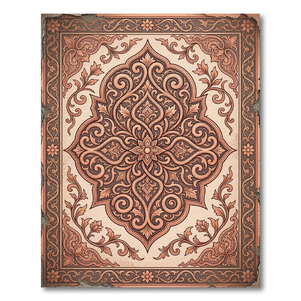 Ornate Copper Floral Damask Scrollwork Rug