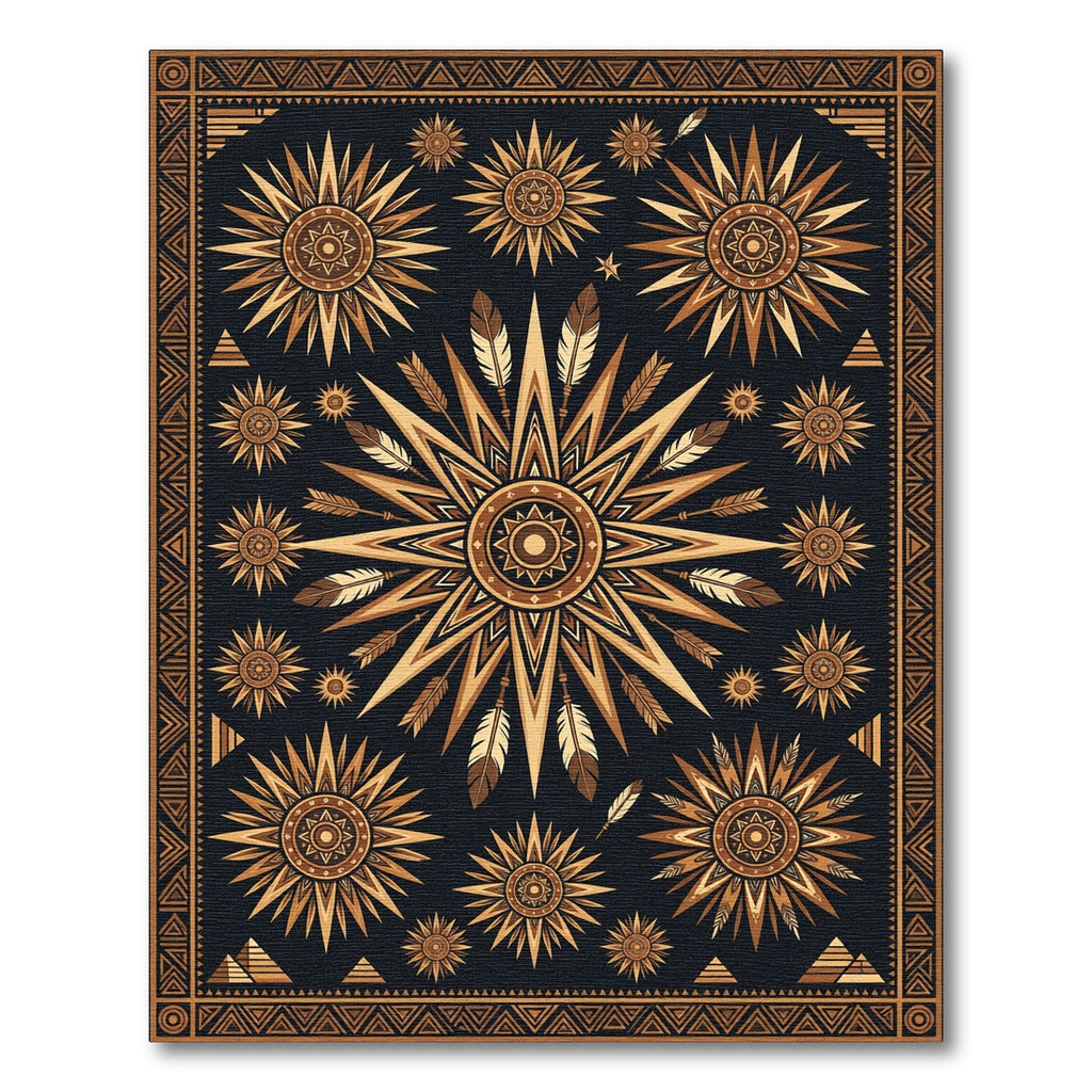 Golden Sun Feather Tribal Medallion Rug