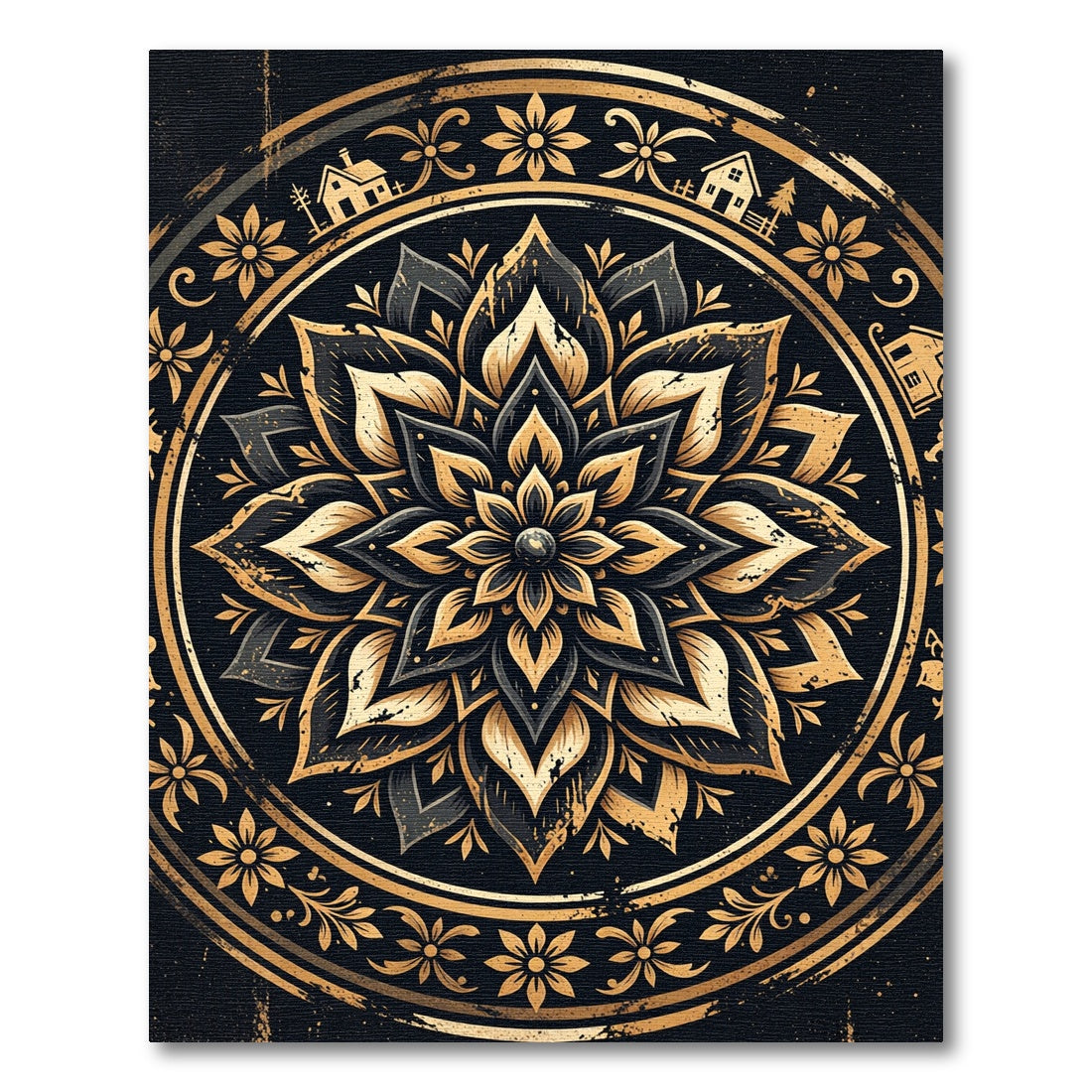 Black and Gold Celestial Floral Mandala Rug