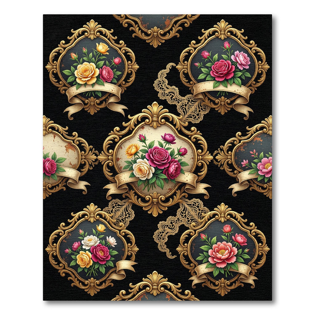 Victorian Golden Frame Floral Rose Bouquet Rug