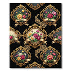 Victorian Golden Frame Floral Rose Bouquet Rug
