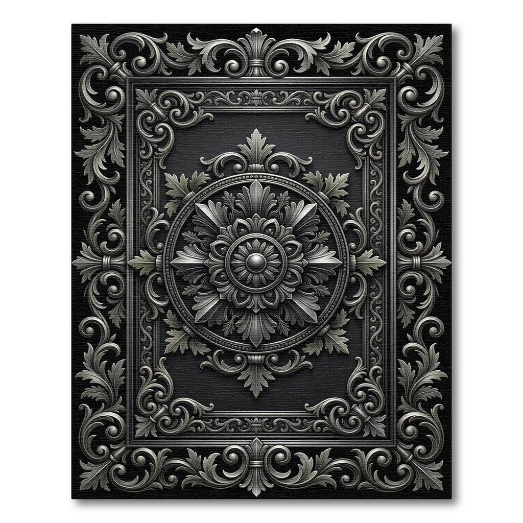 Ornate Silver Floral Rectangle Medallion Rug