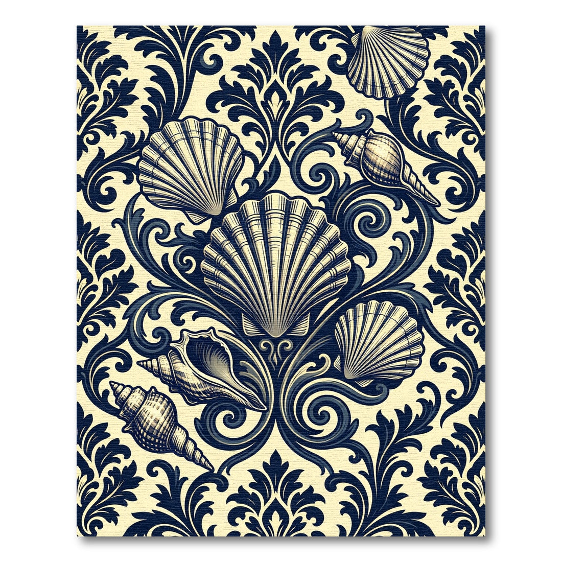 Navy Seashell Damask Inlaid Rug