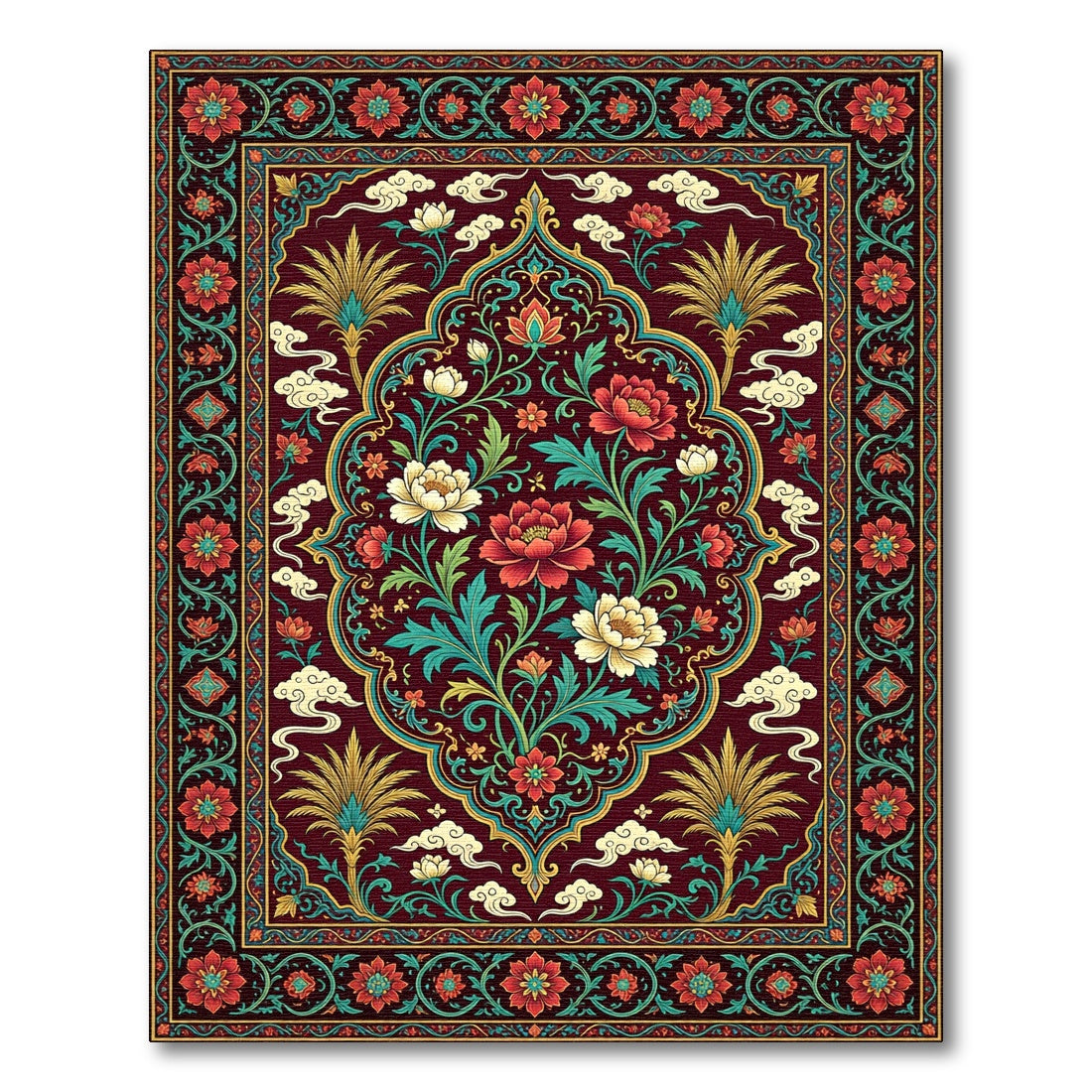 Deep Red Floral Medallion Art Rug