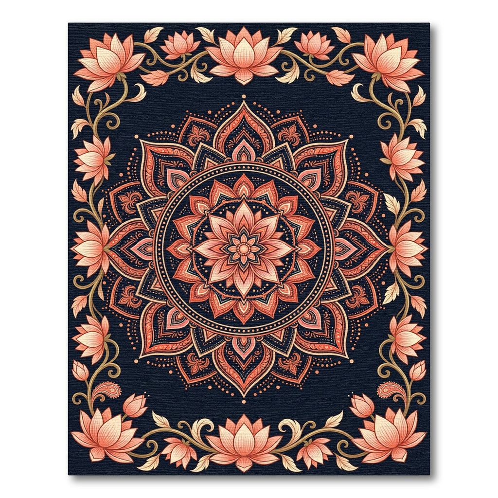 Midnight Peach Lotus Mandala Art Rug