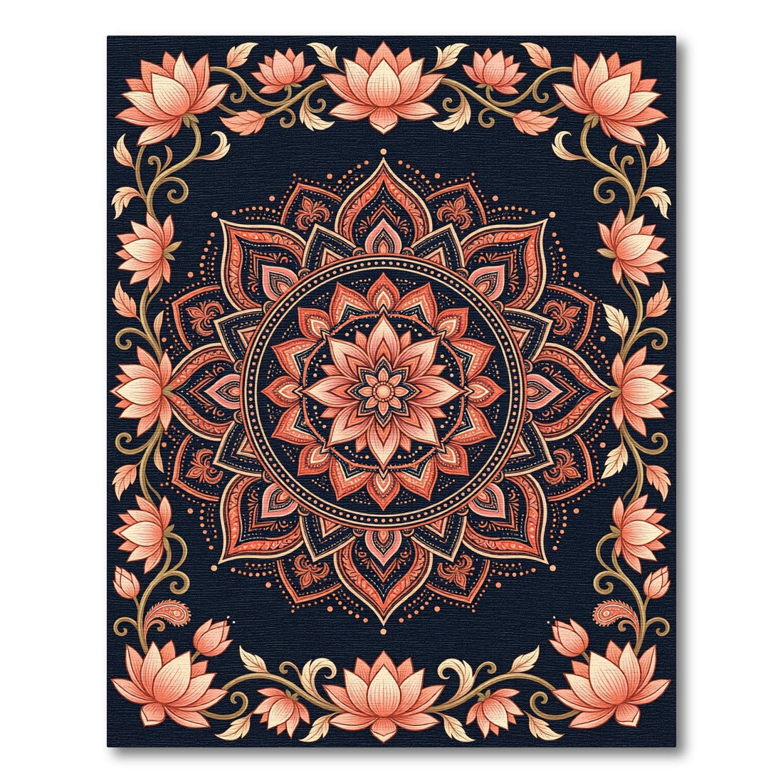 Midnight Peach Lotus Mandala Art Rug