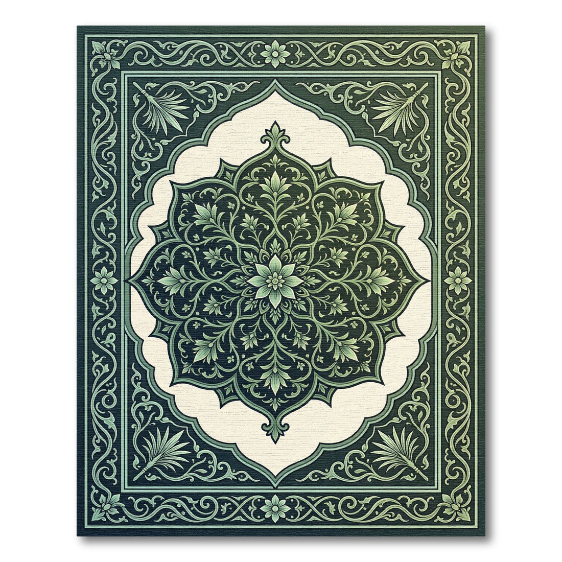 Deep Emerald Floral Mandala Border Rug