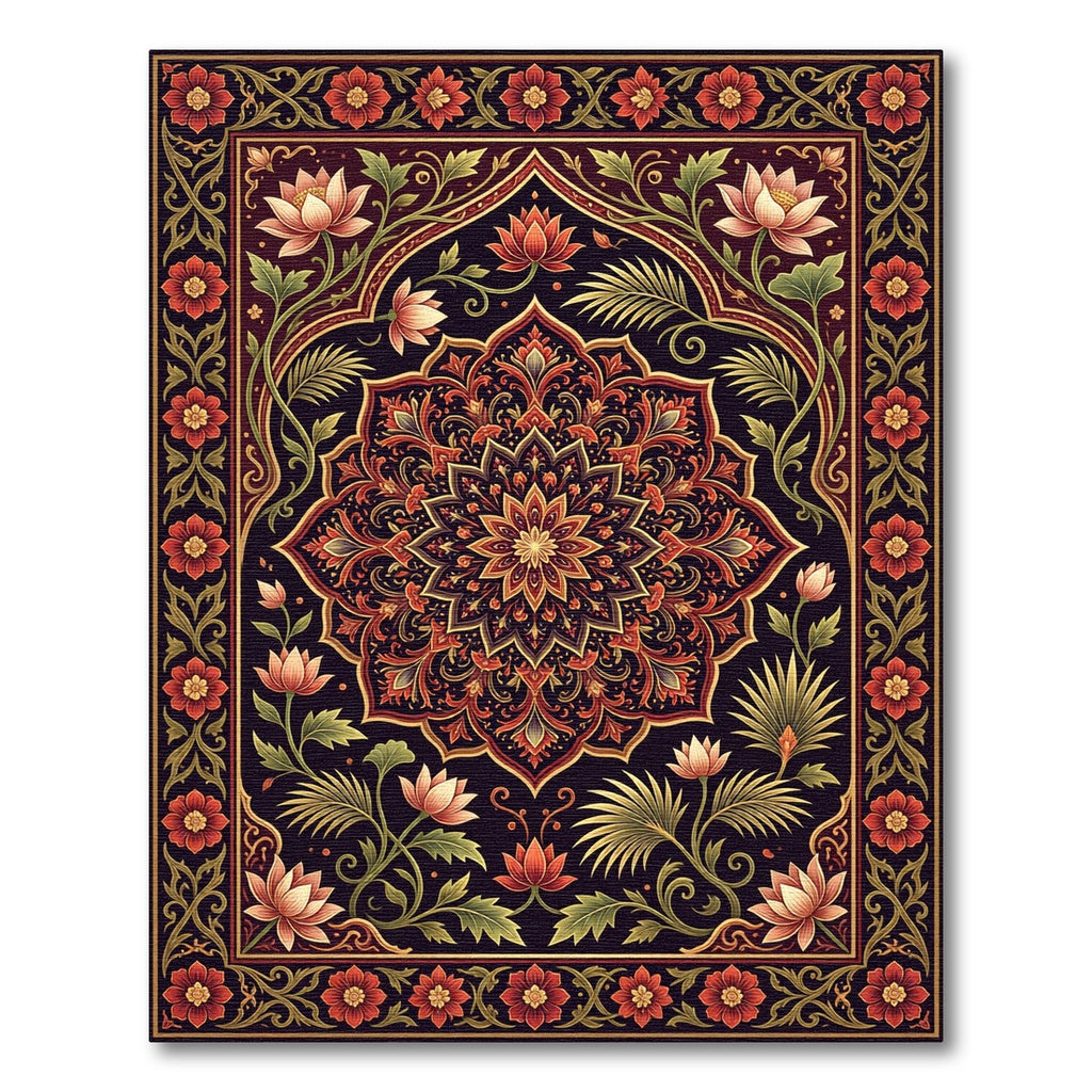 Ornate Crimson Lotus Mandala Frame Rug