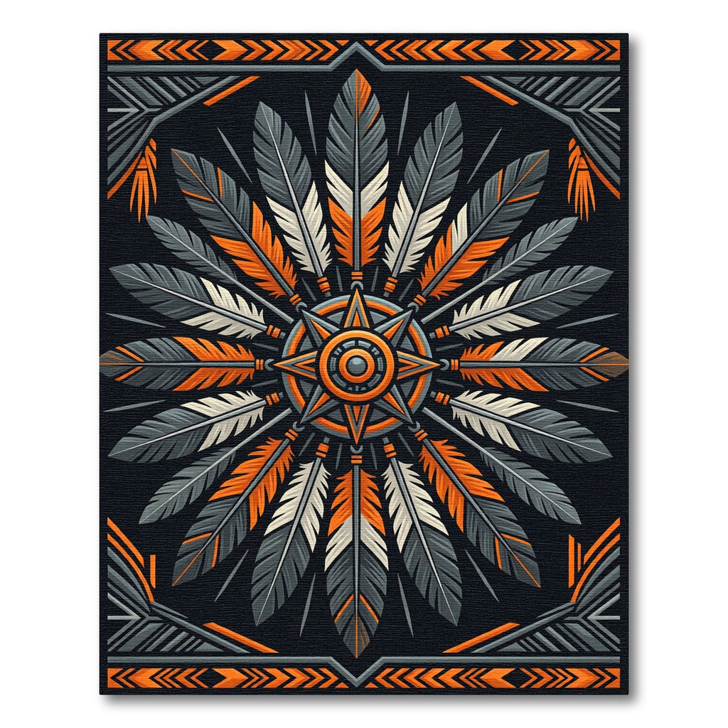 Geometric Orange and Charcoal Feather Medallion Rug